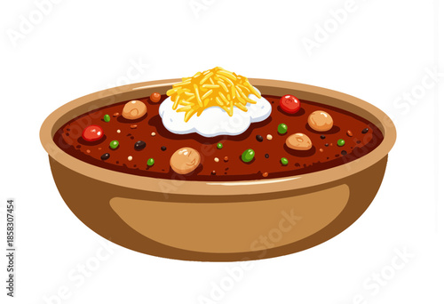 Deliciously Savory Bean and Vegetable Chili Topped with Sour Cream and Shredded Cheese in a Brown Bowl