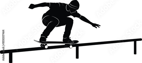 Black Silhouette of Skateboarder Performing a Grind Trick on a Rail over White Background Representing Extreme Sports Youth Culture and Skill