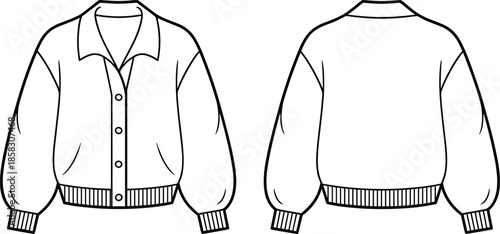 Men casual button jacket technical illustration, front and back view fashion design template, lightweight outerwear outline isolated white