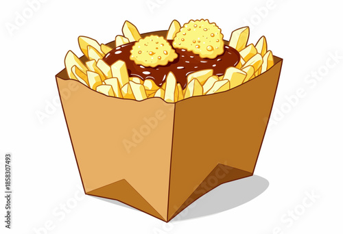 Illustration of Crispy French Fries in a Paper Box with Savory Gravy and Delicious Crunchy Cheese Curds as Classic Fast Food Dish