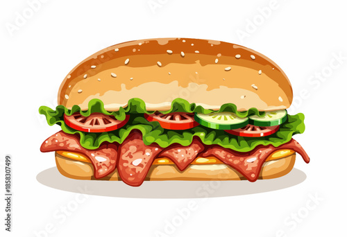 Illustration of a Delicious Sandwich with Fresh Vegetables, Crispy Bacon, and Tasty Sauce Layered Between a Soft Sesame Seed Bun