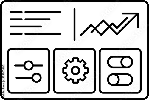 Minimalist outline UI icon of an analytics dashboard control panel featuring performance chart, settings modules, sliders, toggles, and configuration gear, representing data monitoring.