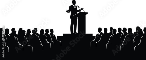 Black silhouette vector illustration of a professional public speaker at a podium giving a presentation to a large seated audience.