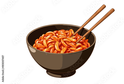 Illustration of a Bowl of Noodles Topped with Spicy Sauce Served with Chopsticks on a White Background