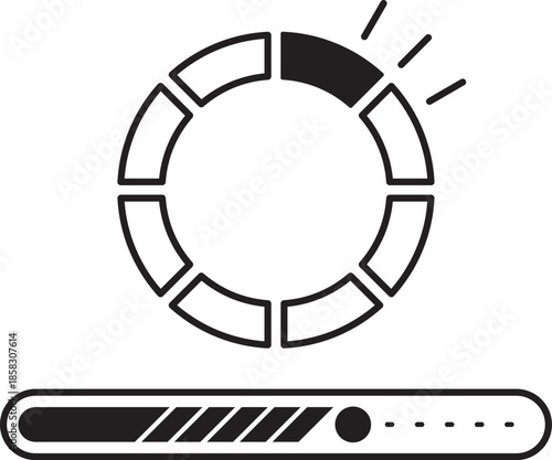 Loading and progress indicators UI, circular segmented loader and progress bar, outline