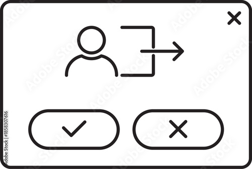 Minimalist outline UI icon of a user logout confirmation popup window with profile symbol, exit arrow, confirm and cancel buttons, and close icon, representing session end, sign out request.