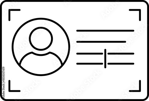 Minimalist outline UI icon of a user ID profile card with photo placeholder, identity details, and document frame markers, representing account identification, profile verification, and user info.