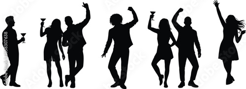 Party people dancing silhouette illustration nightlife celebration friends alcohol drinks fun event black isolated design collection