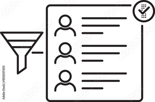Minimalist outline UI icon of a user list with filter funnel and confirmation checkmark, representing user filtering, CRM contact sorting, and data refinement for apps, dashboards, and SaaS platforms.
