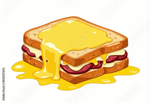 Mouthwatering Illustration of a Gooey Cheese and Ham Sandwich with Melted Sauce Overflowing on Freshly Toasted Bread