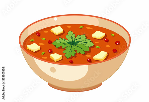 Illustration of a bowl of tomato soup garnished with herbs and butter cubes, featuring vibrant colors and a warm, appetizing presentation of a classic dish