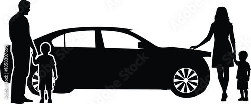 Black silhouette vector of a family with two children standing by a modern sedan car representing travel and automotive concepts.