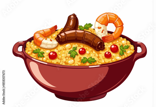 Illustration of a savory seafood and sausage paella dish featuring succulent shrimp, rich chorizo, golden rice, and vibrant herbs in an elegant deep red ceramic bowl