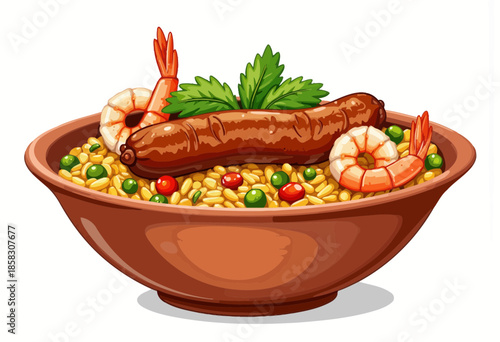 Illustration of a Delicious Seafood and Sausage Paella Bowl with Shrimp Garnish and Fresh Herbs in a Rustic Earthenware Dish