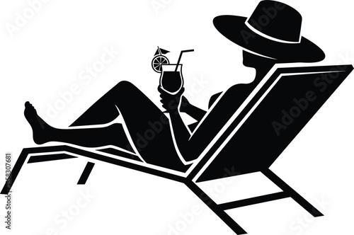 Black silhouette vector of a woman in a sun hat relaxing on a lounge chair with a tropical cocktail drink.