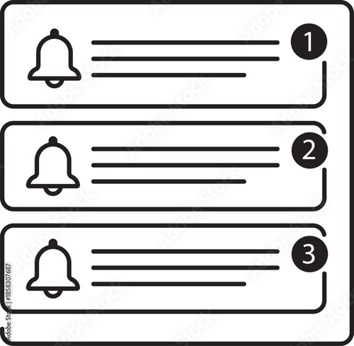 Minimalist outline UI icon of prioritized notification list with bell alert symbols and numbered message rows, representing ranked alerts, sorted updates, and message priority for apps, dashboards.