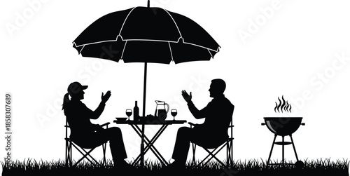 Black silhouette vector of a couple dining at a table under a sun umbrella with a barbecue grill outdoors.