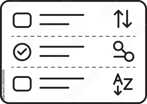 Minimalist outline UI icon of an interactive list with checkboxes, sorting controls, alphabetical filter, and share action, representing task management, CRM lists, and sortable data for SaaS.