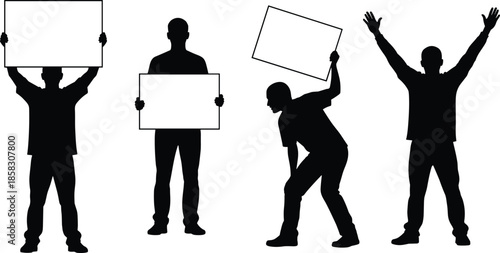 Black silhouette vector of men holding blank placards and signs for protest, demonstration, advertising, or celebratory achievement and success concepts.
