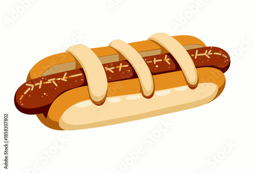 Illustration of a classic hot dog with a grilled sausage nestled in a soft, toasted bun, topped with lines of mustard and an artistic cross-stitch garnish design