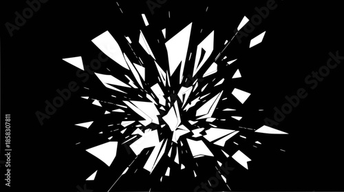 Dynamic black and white abstract explosion of sharp geometric fragments shattering outwards.