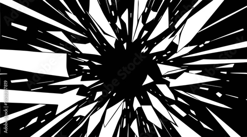 Dynamic monochrome pattern depicting a shattered effect with white fragments bursting from a black center, creating an illusion of speed and chaos.