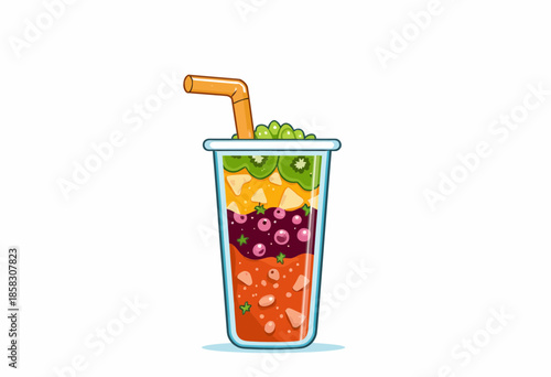 Colorful Layered Fruit Smoothie with Bubbles and Straw in Clear Glass Cup for Refreshing Summer Beverage Illustration