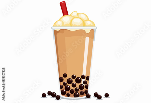 Illustration of a refreshing bubble tea drink with creamy froth and tapioca pearls in a tall cup, featuring a vibrant red straw for a delightful treat