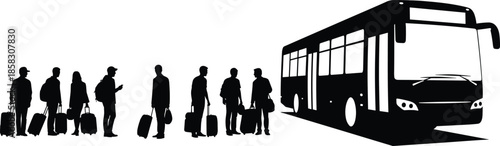Black silhouette vector of travelers with suitcases and backpacks standing in a long line waiting to board a public transport bus.