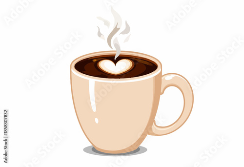 Illustration of a steamy hot cup of coffee with a heart-shaped foam art on top, symbolizing warmth, love, and the comforting ritual of enjoying a morning beverage