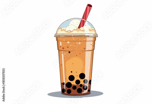 Illustration of a Delicious Bubble Tea with Tapioca Pearls in a Plastic Cup Topped with Whipped Cream and a Red Straw Against a Clean White Background