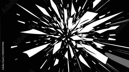 Abstract black and white image of sharp, fragmented shapes exploding outwards from a central point, creating a dynamic visual effect.