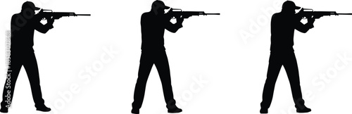 Black silhouette vector sequence of a professional marksman in various shooting stances holding a rifle for security and sporting concepts.