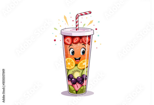 Vibrant Cartoon Smoothie Cup Overflowing with Colorful Fruits and Berries, Featuring a Cheerful Face and Festive Straw on White Background