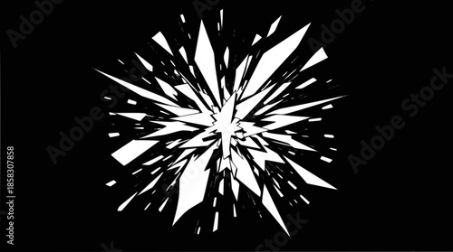 A dynamic graphic of white sharp fragments exploding outwards on a black background, depicting a shattering effect.