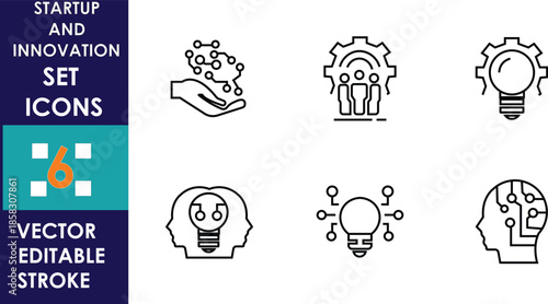Startup and innovation icon set illustrating creative thinking, brainstorming, artificial intelligence, idea generation, and problem solving, designed as minimal editable outline vector symbols