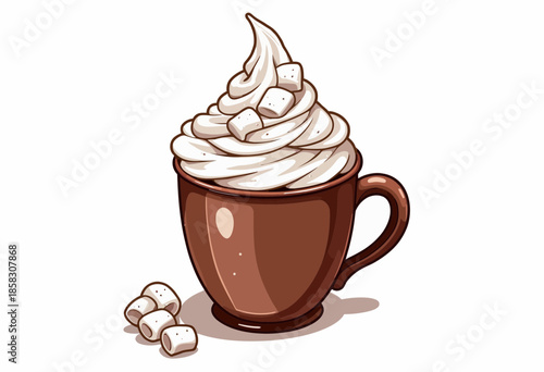 Delightful Hot Chocolate Mug with Creamy Swirl of Whipped Cream Topped with Mini Marshmallows for a Cozy Winter Treat