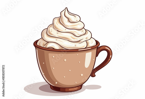 Close-up Illustration of a Decorative Cup Overflowing with Creamy Soft Serve Whipped Swirl Standing on a White Background