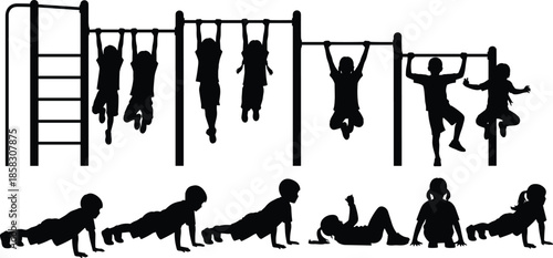 Black silhouette vector set of children playing on monkey bars and performing fitness exercises like pushups for active lifestyle and health concepts.