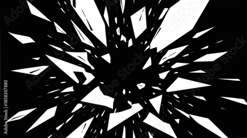 Abstract black and white image depicting shattered glass or an explosion of sharp, geometric fragments radiating outwards from a central point.