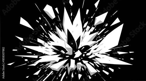 Abstract black and white image showing sharp white fragments exploding outwards from a central point on a dark background.