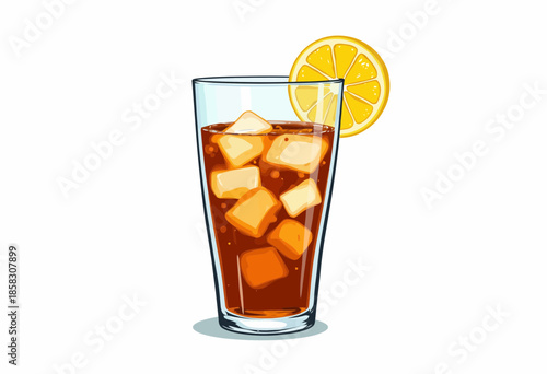 Refreshing iced tea in a tall glass garnished with a lemon slice, perfectly chilled with ice cubes for a cool and invigorating beverage experience