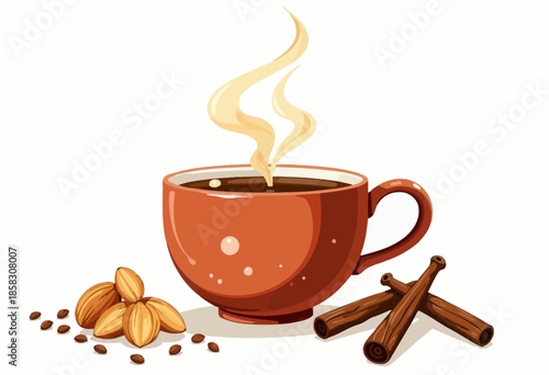 Warm Aromatic Coffee Cup with Rising Steam, Surrounded by Coffee Beans and Cinnamon Sticks on a White Surface Illustrating Cozy Beverage Atmosphere