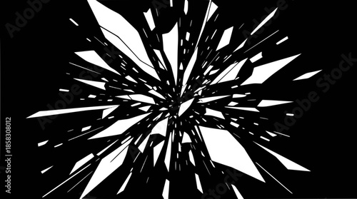 Abstract white shards exploding outwards on a black background, creating a dynamic shattered glass effect.