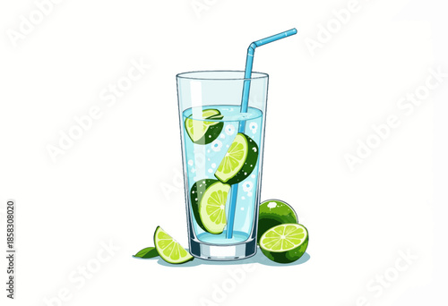 Refreshing Glass of Sparkling Water with Lime Slices and Straw on White Background Perfect for Hydration and a Burst of Citrus Flavor
