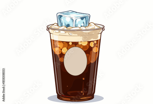 Illustration of a refreshing iced beverage in a clear plastic cup topped with a single ice cube, capturing the essence of a chilled soft drink experience