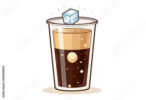 Illustration of a Refreshing Cold Beverage with Ice Cube in a Tall Glass | Perfect for Hot Days and Quenching Thirst with a Burst of Fizzy Flavor