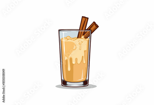 Illustration of a refreshing creamy cinnamon beverage with ice cubes in a glass, highlighting aromatic spice sticks for a delightful and soothing flavor sensation