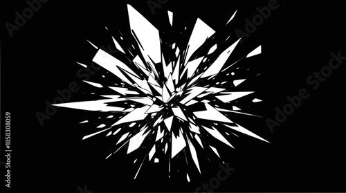 Abstract graphic of white shattered fragments exploding outwards on a solid black background, creating a dynamic burst effect.