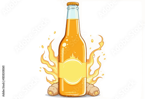 Illustration of a fiery beverage bottle with ginger accents and dynamic flames symbolizing spiciness and zest in vibrant yellow and orange hues
